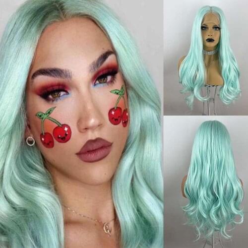 Mint Green Wigs for Women Long Wave Green Hair Wig Natural Looking Heat Resistant Fiber Wig Breathable Wig with Baby Hair