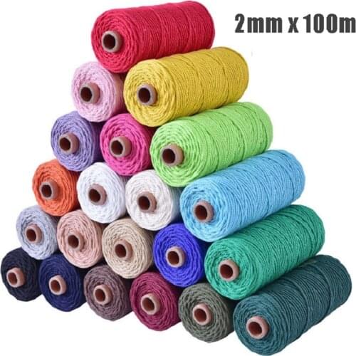 2 mmx100 m DIY Pure 100% Cotton Twisted Cord Ropes Crafts Macrame Artisan String Home Decor Textile Beige Coloful Wedding Supply