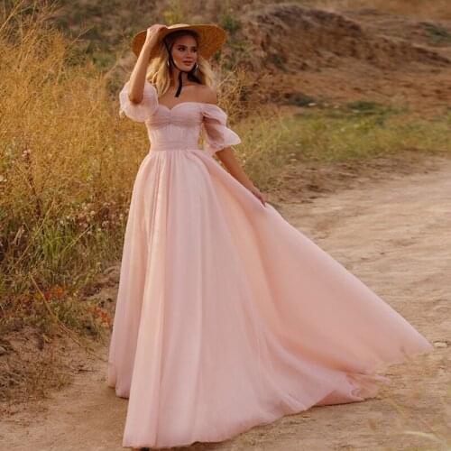 Simple Country Tulle Wedding Dresses for Women Blush Pink Off the Shoulder Half Sleeves A Line Floor Length Bride Formal Gowns