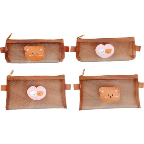 Clear Mesh Zipper Kawaii Bear Pencil Case School Pen Pencil Case Portable Travel Bag Big Capacity Stationery Pencil Bag