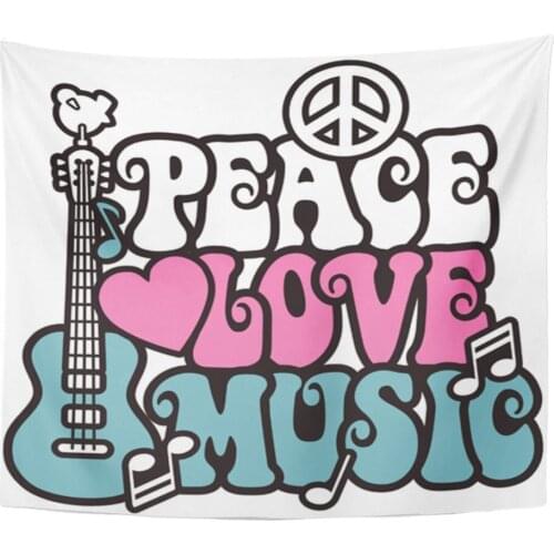 Retro Styled Text of Guitar Peace Symbol and Dove with The Words Love and Music Tapestry Wall Hanging Polyester Fabric