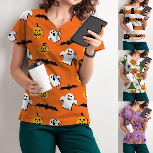 2021 Halloween Nurse Uniform Print Short Sleeve V-Neck Pocket Care Workers T-Shirt Tops Oversize Kawaii uniforme enfermera mujer