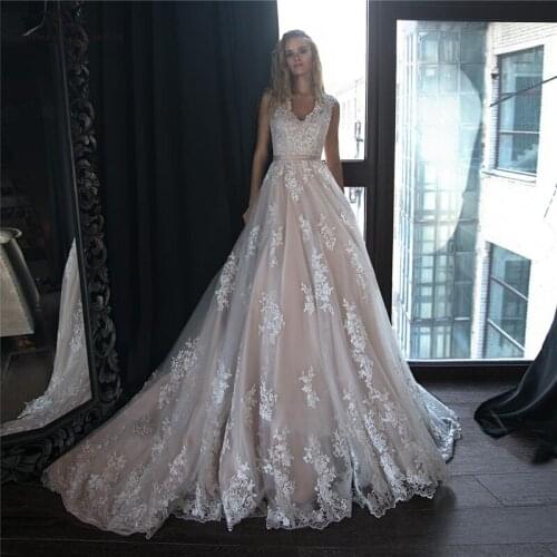 Vestido De Noiva V-Neck Blush Wedding Dresses for Women 2020 A-Line Lace Modest Bride Bridal Gowns Robe De Mariee
