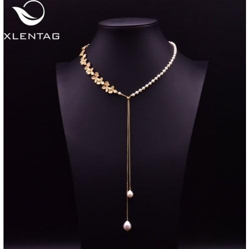 XlentAg Metal Flowers Natural Pearls Necklaces Long Pendant Amethyst Asymmetrical Women Wedding Party Luxury Boho Jewelry GN0194