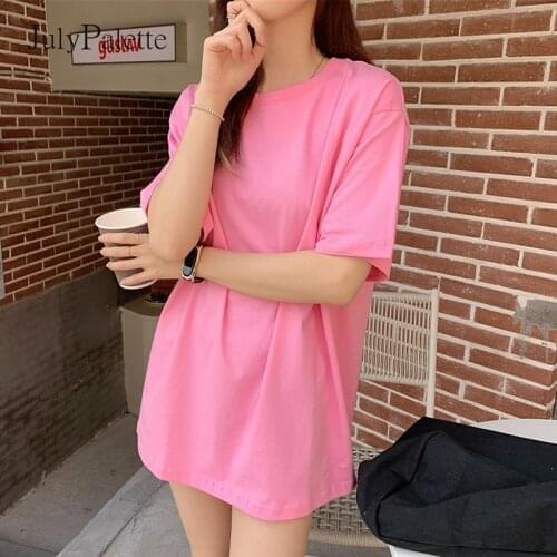 JulyPalette Candy Color Short Sleeve T-shirt Women 2021 Summer Basic All-match Loose Cotton Top Pink Blue Female Oversize Tshirt
