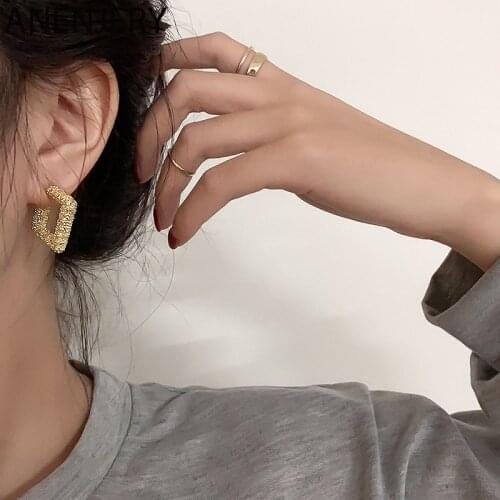 ANENJERY 925 Sterling Silver Shiny Geometric Square Frosted Stud Earrings For Women French Luxury Metal Earring European Jewelry