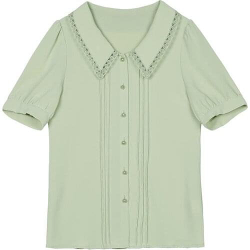 Womens Spring Summer Style Chiffon Blouses Shirt Womens Short Sleeve Peter pan Collar Button Solid Color Korean Tops SP240