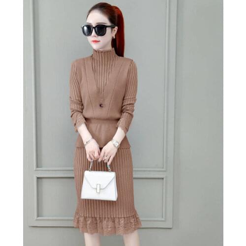 Spring autumn casual jumper sweater knitted skirt two pieces twin set for women