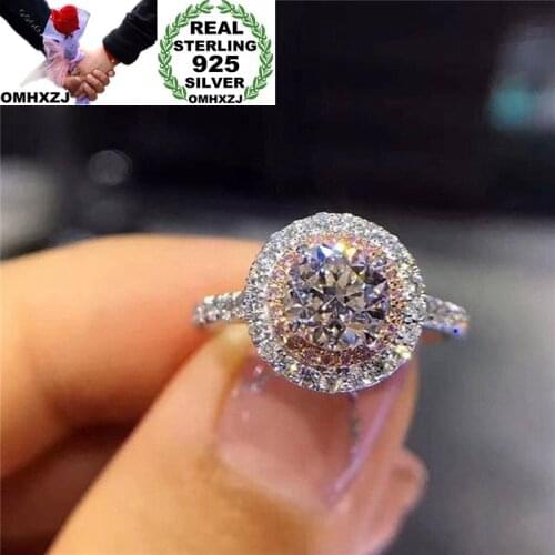 OMHXZJ Wholesale European Fashion Woman Girl Party Wedding Gift Round White Pink AAA Zircon 925 Sterling Silver Ring RR176