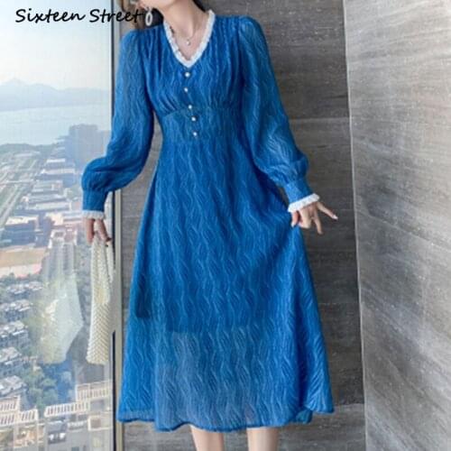 Autumn Blue Dress Woman V-neck High Waisted Elegant Party Dresses Ladies Long Sleeve Runway Design Maxi Dress Vestidos