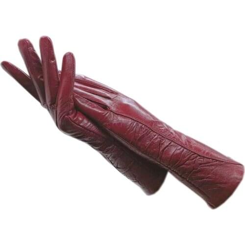 Leather gloves 2020 new style sheepskin leather ladies arm sleeves driving fashion leather gloves winter warm wine red free deli