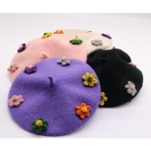 Family Mother Daughter Winter Wool Beret Hat Warm Cap Elegant Flower Women & Kids Girls Hats and Caps Painter Cap czapka zimowa