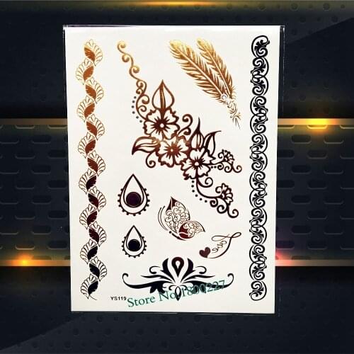 1PC Sexy Body Art Flower Arm Hand Decal Flash Temporary Tattoo Sticker PYS-119 Gold Henna Feather Water Drop Design Tattoo Jewel