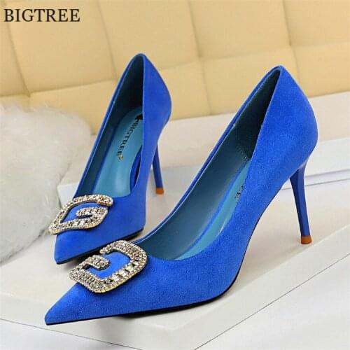 2021 Autumn Womens Fashion Crystal High Heels Wedding Shoes Christmas Day Sexy Rhinestone Shallow Party Shoes Woman Size 34-43