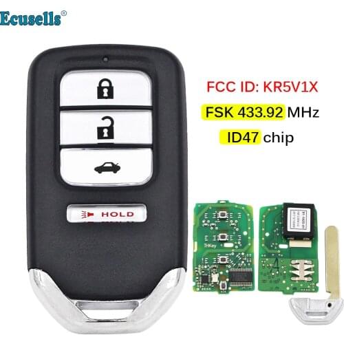 3+1 Button Smart Remote Key FSK 433.92MHz 47 Chip for Honda Civic Accord Acura MDX RDX ILX TLX 2014-2019 FCC ID: KR5V1X