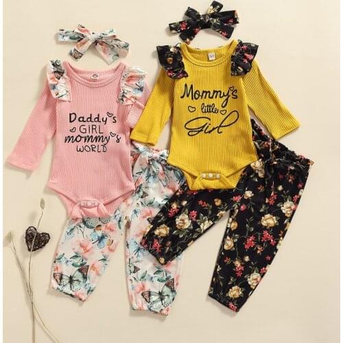 3PCS Set Newborn Baby Girl Long Sleeve Cotton Bodysuit Tops Floral Long Pant Headband Outfits Autumn Clothes