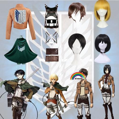 5PCS Attack on Titan Jacket Shingeki no Kyojin jacket Legion Cosplay Costume Jacket Coat Belt Cloak Wigs Eren Levi Recon Corps