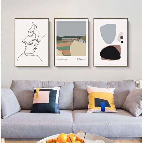 Abstract Vase face train house Pattern stitching Nordic style Modern Wall Art Picture Canvas Painting for home porch Decor