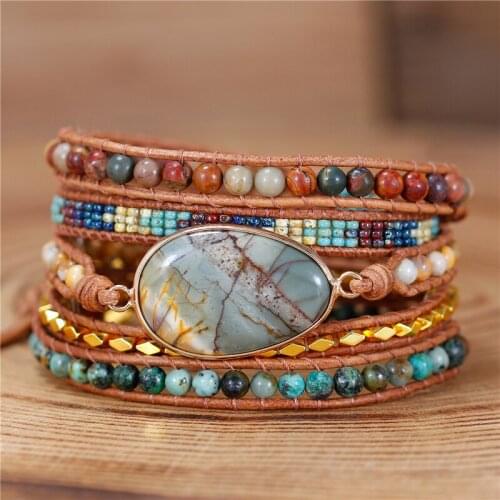Vintage Art 5 Rows Picasso Jasper Charm African Turquoise Leather Beads Wrap Bracelet For Women Statement Bracelet Wholesale