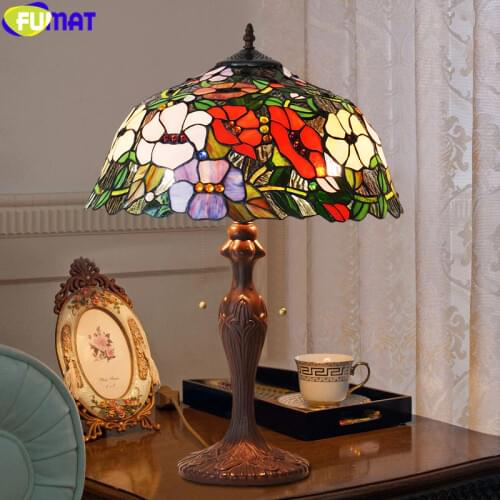 FUMAT Tiffany Style Rose Flower Stained Glass Table Lamp Pearl Morning Glory Desk Light 16 Inch Shade Home Decor LED Arts Lights