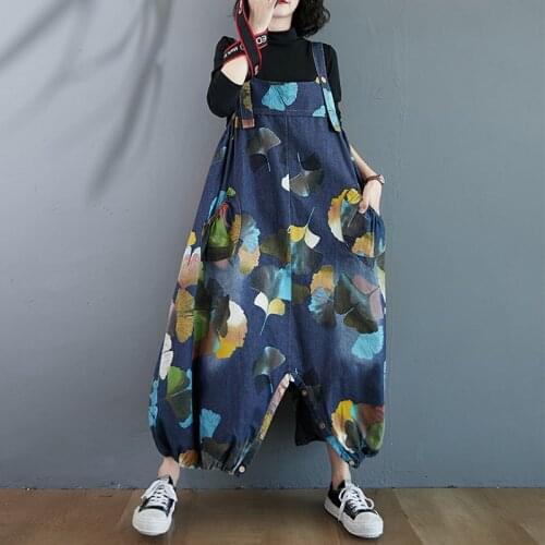 Oversized Drop Crotch jean Jumpsuits Women Big Size Baggy Printed Wide Leg Overalls Cargo Denim Cross-pants Hip-Hop Rompers