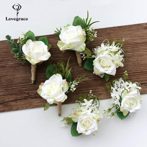 Lovegrace Wedding Men Groom Corsages and Boutonnieres White Rose Silk Vintage Brooch Party Bridal Prom Decoration Accessories