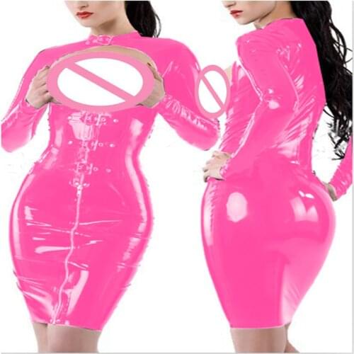 Buckle Neck PVC Mini Dress Women Long Sleeve Open Bust Dress Zipper To Chest Belt Waist Clubwear Exotic Nightclub Party Catsuit