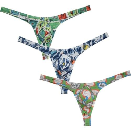 Mens Print Underwear Tangas Male Thong Underwear Bikini Bulge Pouch G-string