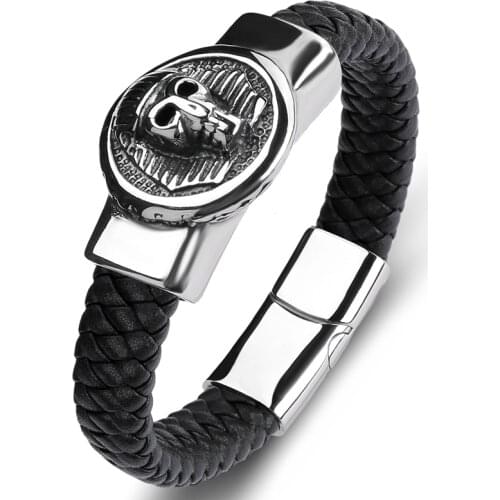 Retro Punk Handmade Braided Leather Skull Bracelet Men Stainless Steel Ancient Egyptian Pharaoh Hand Bangles Party Jewelry P136