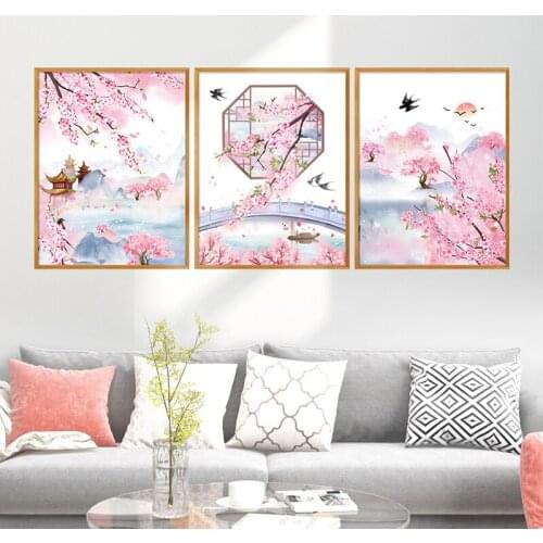 Pink Peach Blossom Wall Stickers Living Room Background Wall Decals Bedroom Decor 3D Module Painting Poster PVC Mural