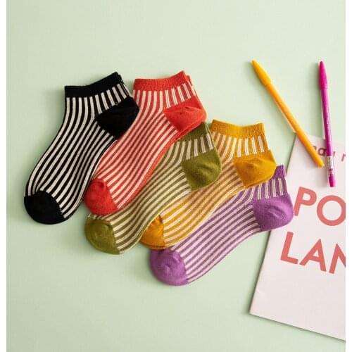 5 Pairs Of Socks Female Spring And Summer Boat Socks Shallow Mouth Socks Japanese Cotton Socks Korean Striped Color Double Needl