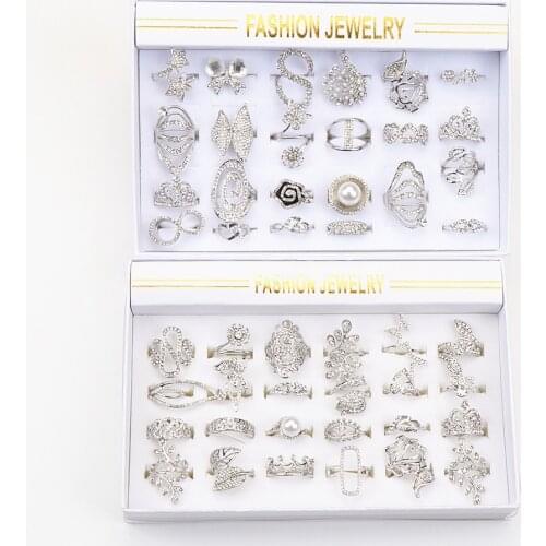 Wholesale 24pcs/Lot Vintage Antique Silver Plated Metal Rhinestone Rings For Women Party Gift