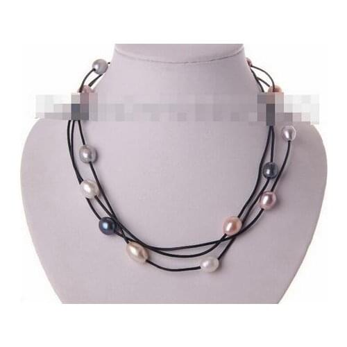 3strands big baroque multicolor freshwater pearl leather necklace