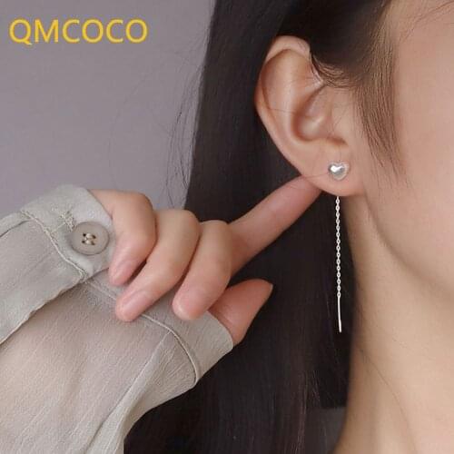 QMCOCO 925 Silver Heart-Shape Simple Long Tassel Earrings For Women Girl Exquisite Long Chain Earrings 2021 New Trendy