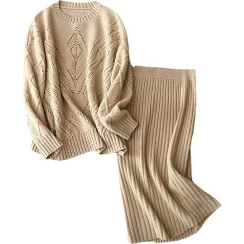 SHUCHAN 100% Cashmere Two Piece Outfits for Women Office Lady Pullover Hollow Out+pencil Skirts Elastic Waist Knee-Length