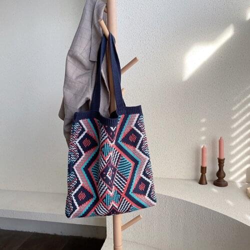 New Years Christmas shoulder bag blue off-white geometric pattern Harajuku style fashion wool contrast color tote shoulder bag