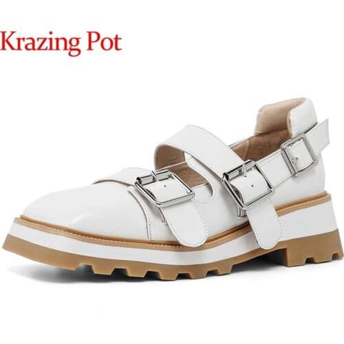 Krazing Pot natural leather square toe high heels buckle strap brand shoes British style young lady daily wear women pumps L06