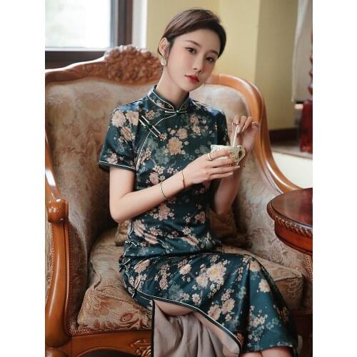 Chinese Dress Green Large Size Qipao Printing Retro New China Style Cheongsam Long Short Sleeve Skirts Cheongsam Dress