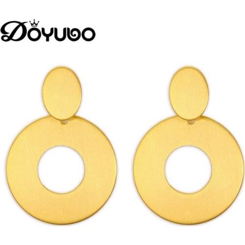 DOYUBO Hyperbole Style Women Gold Color Stainless Steel Round Dangle Earrings Fashion Lady Earrings For Party Accessories DB036