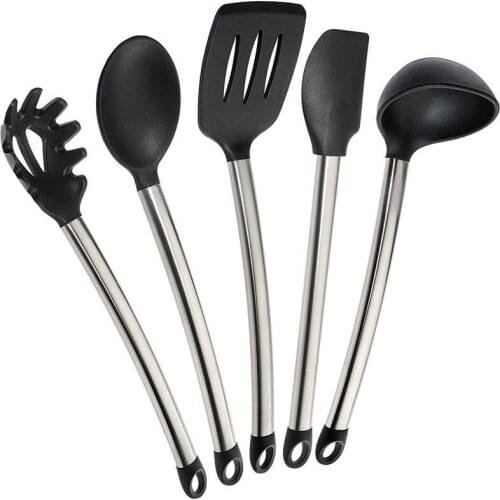 5pcs Stainless Steel Kitchen Utensils Food Grade Silicone Cooking Utensil Set Heat-resistant Spoon Scraper Dessert Making Tool