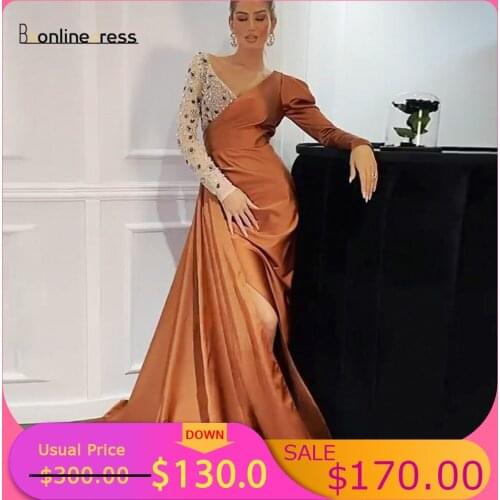 Bbonlinedress Elegant Brown Long Sleeve Evening Dress Elegant Long Prom Dresses Beading Robe Formal Gown vestido de festa