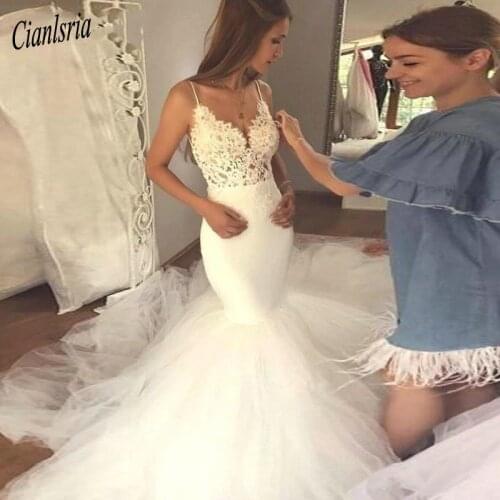 White Ivory Sexy V Neck Spaghetti straps mermaid wedding dresses 2020 Backless Vestidos De Noivas Custom Wedding Bridal Dress