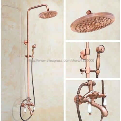 Antique Red Copper 8" Round Rain Shower Head Wall Mounted Tub Spout Hand Sprayer Brg563