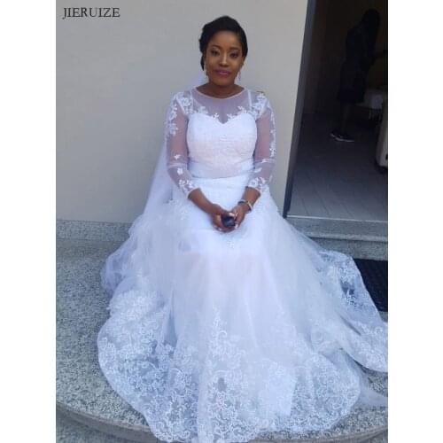 E JUE SHUNG White Lace Appliques Mermaid Wedding Dresses 3/4 sleeves plus size Bride Dresses Wedding Bridal Gowns