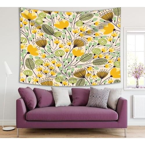 Tapestry Flowers Leaves Pattern Spring Garden Nature Decorative Classic Yellow Green Artwork Printed