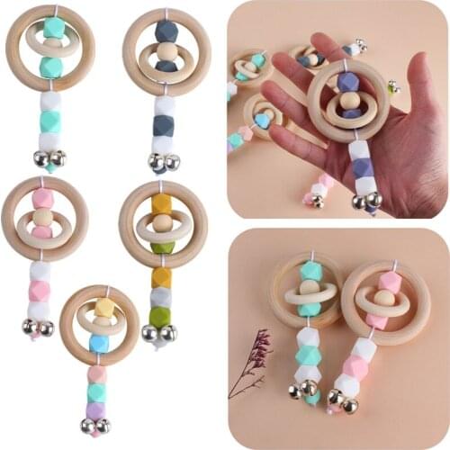 0-12 months Newborn Baby Toys Silicone Beads Rattles Wooden Ring Bed Bell Handmade Rattles Mobile On The Crib Educational Toys