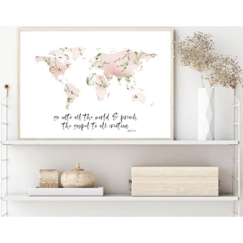 World Map Mark 16:15 Scripture Print Christian Wall Art Canvas Painting Faith Bible Verse Poster Wall Picture Home Decoration
