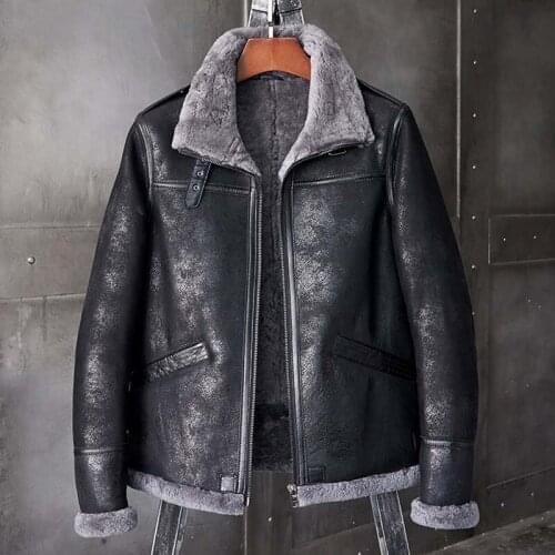 New Mens B1 Shearling Jacket Short Fur Coat Black Leather Jacket Mens Winter Coats Fashion Motorcycle Jacket