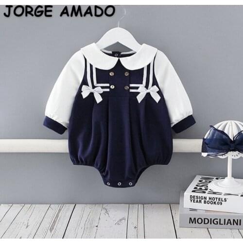 2021 Hot Sale New Autumn Baby Girl Bodysuit Dark Blue Long Sleeves Peter Pan Collar Student Style Newborn Jumpsuit Clothes E0352