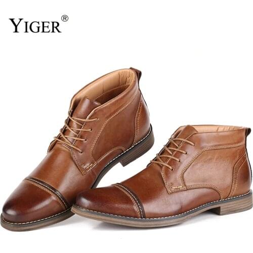 YIGER New Men Ankle Boots Genuine Leather Man Martins Boots Male Lace-up Winter Casual shoes Big size High-top mens shoes 0251